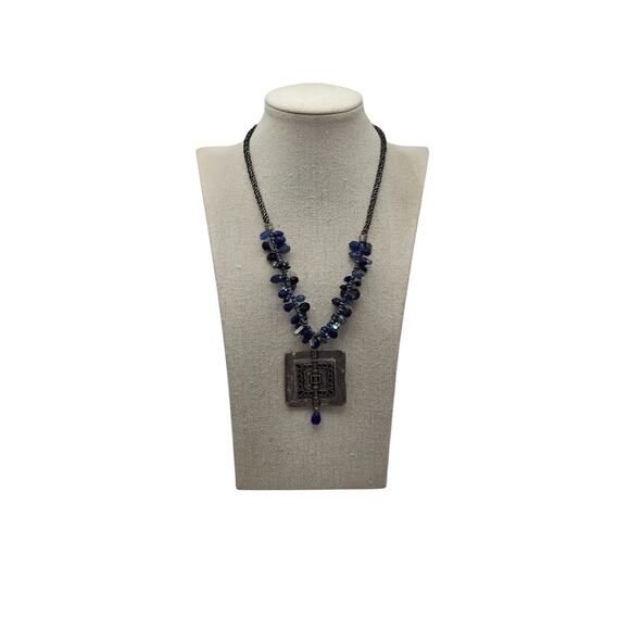 Chico’s Blue Beaded Statement Necklace Silver Tone Square Pendant - Picture 3 of 8